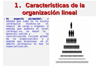 1.1. Características de laCaracterísticas de la
organización linealorganización lineal
• D) aspecto piramidal:D) aspecto piramidal: a
medida que sube en la escala
jerárquica disminu-ye el
número  de cargo u órganos. A
medida que aumenta el nivel
jerárqui-co, es mayor la
generali-zación y la
centralización (visión global
de la organización) y a
medida que disminuye  en el
ámbito jerárquico es mas la
especialización.
 