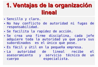 1. Ventajas1. Ventajas de la organizaciónde la organización
lineallineal
• Sencillo y claro.
• No hay conflicto de autoridad ni fugas de
responsabilidad.
• Se facilita la rapidez de acción.
• Se crea una firme disciplina, cada jefe
adquiere toda la autoridad ya que para sus
subordinados  es el único que pose.
• Es fácil y útil en la pequeña empresa.
• La autoridad de lineal recibe el
asesoramiento  y servicio técnico de un
cuerpo especialista.
 