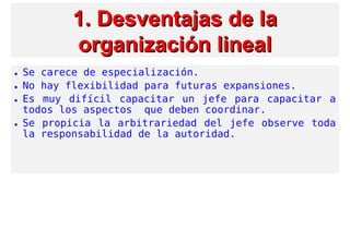 1. Desventajas1. Desventajas de lade la
organización linealorganización lineal
• Se carece de especialización.
• No hay flexibilidad para futuras expansiones.
• Es muy difícil capacitar un jefe para capacitar a
todos los aspectos  que deben coordinar.
• Se propicia la arbitrariedad del jefe observe toda
la responsabilidad de la autoridad.
 