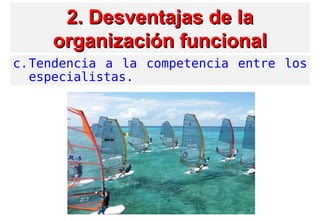 2. Desventajas2. Desventajas de lade la
organización funcionalorganización funcional
c.Tendencia a la competencia entre los
especialistas.
 