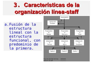 3.3. Características de laCaracterísticas de la
organización línea-stafforganización línea-staff
a.Fusión de la
estructura
lineal con la
estructura
funcional, con
predominio de
la primera.
 