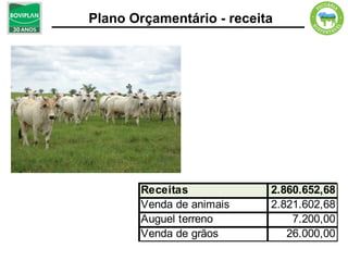 Plano Orçamentário - receita




       Receitas            2.860.652,68
       Venda de animais    2.821.602,68
       Auguel terreno          7.200,00
       Venda de grãos         26.000,00
 