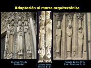 Cámara Santa.
Oviedo. S. XII
Portada de Sta. Mª la
Real. Sangüesa. S. XII
Adaptación al marco arquitectónico
Chartres Portada
Occidental.
 