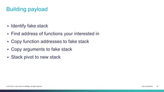 Building payload 
 Identify fake stack 
 Find address of functions your interested in 
 Copy function addresses to fake...