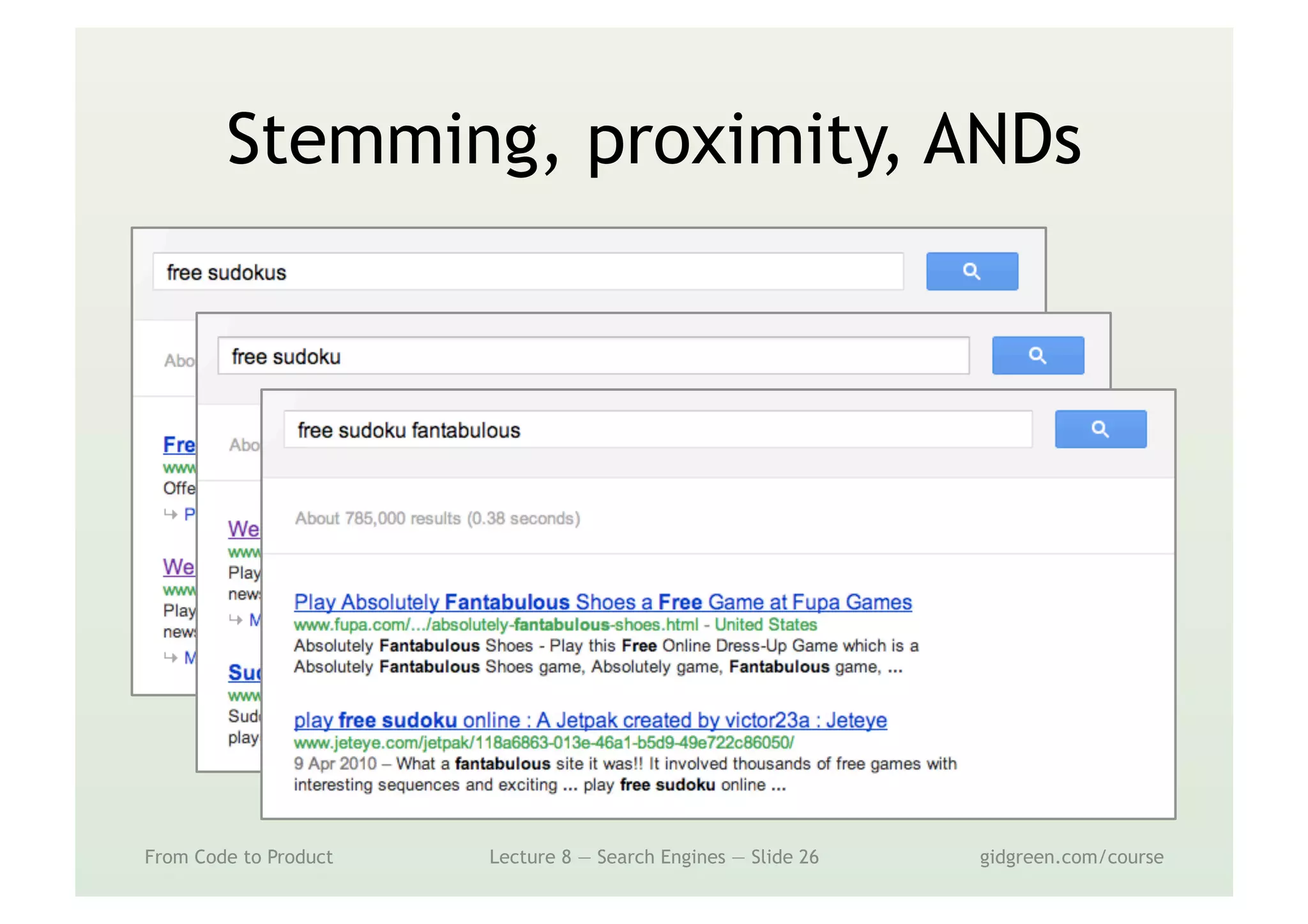 Stemming, proximity, ANDs
From Code to Product Lecture 8 — Search Engines — Slide 26 gidgreen.com/course
 