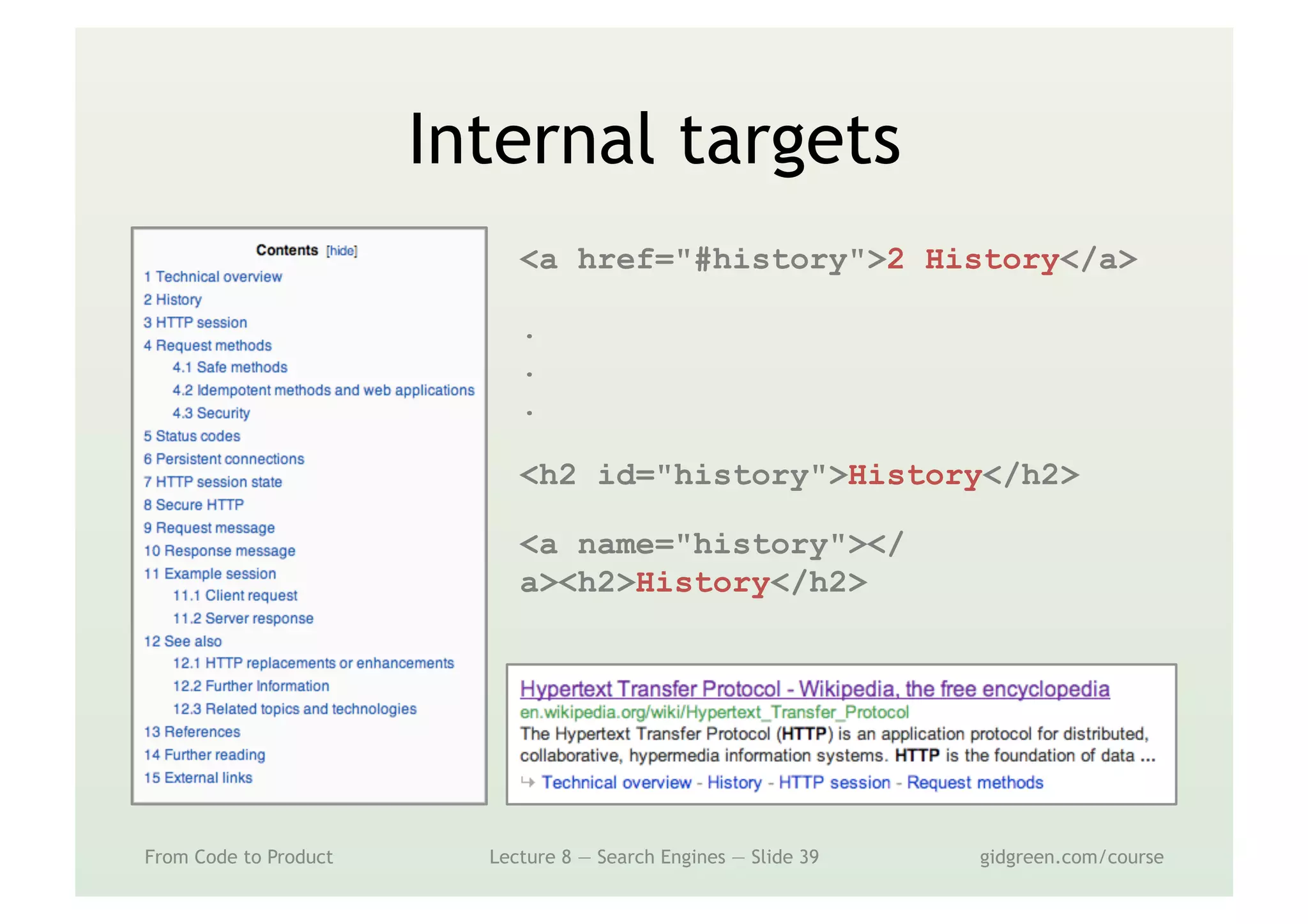 Internal targets
From Code to Product Lecture 8 — Search Engines — Slide 39 gidgreen.com/course
<a href="#history">2 History</a>
.
.
.
<h2 id="history">History</h2>
<a name="history"></
a><h2>History</h2>
 
