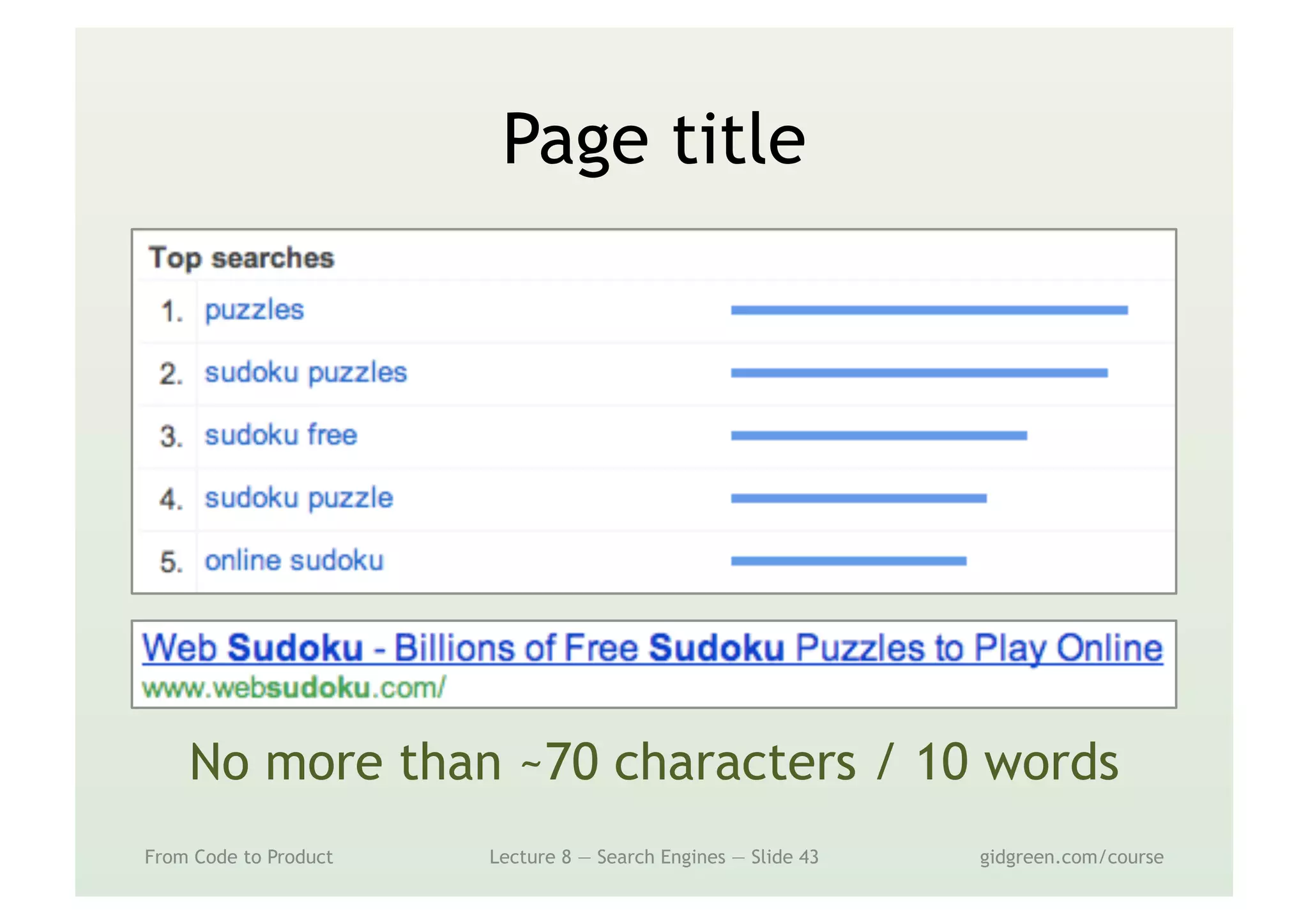 Page title
From Code to Product Lecture 8 — Search Engines — Slide 43 gidgreen.com/course
No more than ~70 characters / 10 words
 