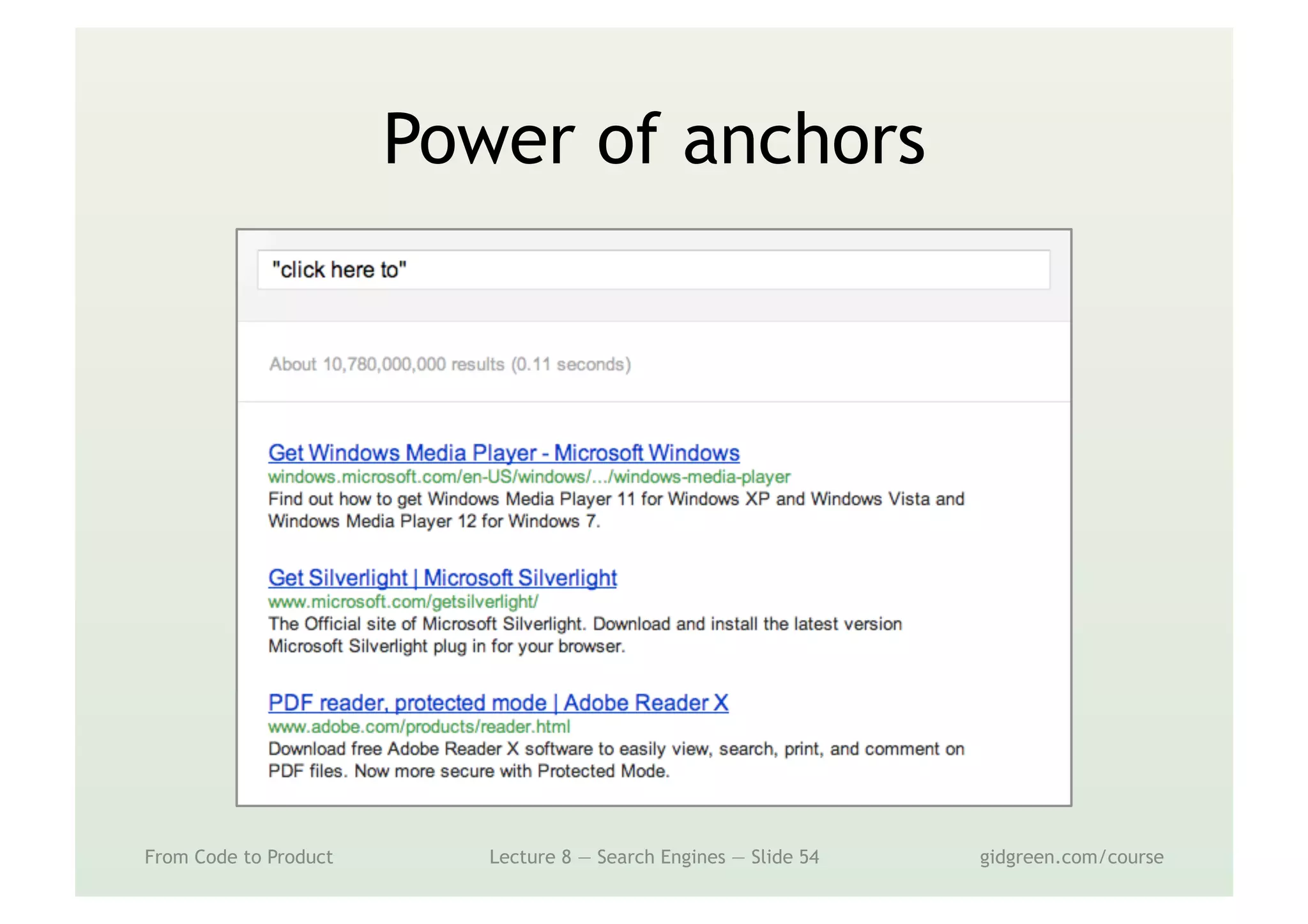Power of anchors
From Code to Product Lecture 8 — Search Engines — Slide 54 gidgreen.com/course
 