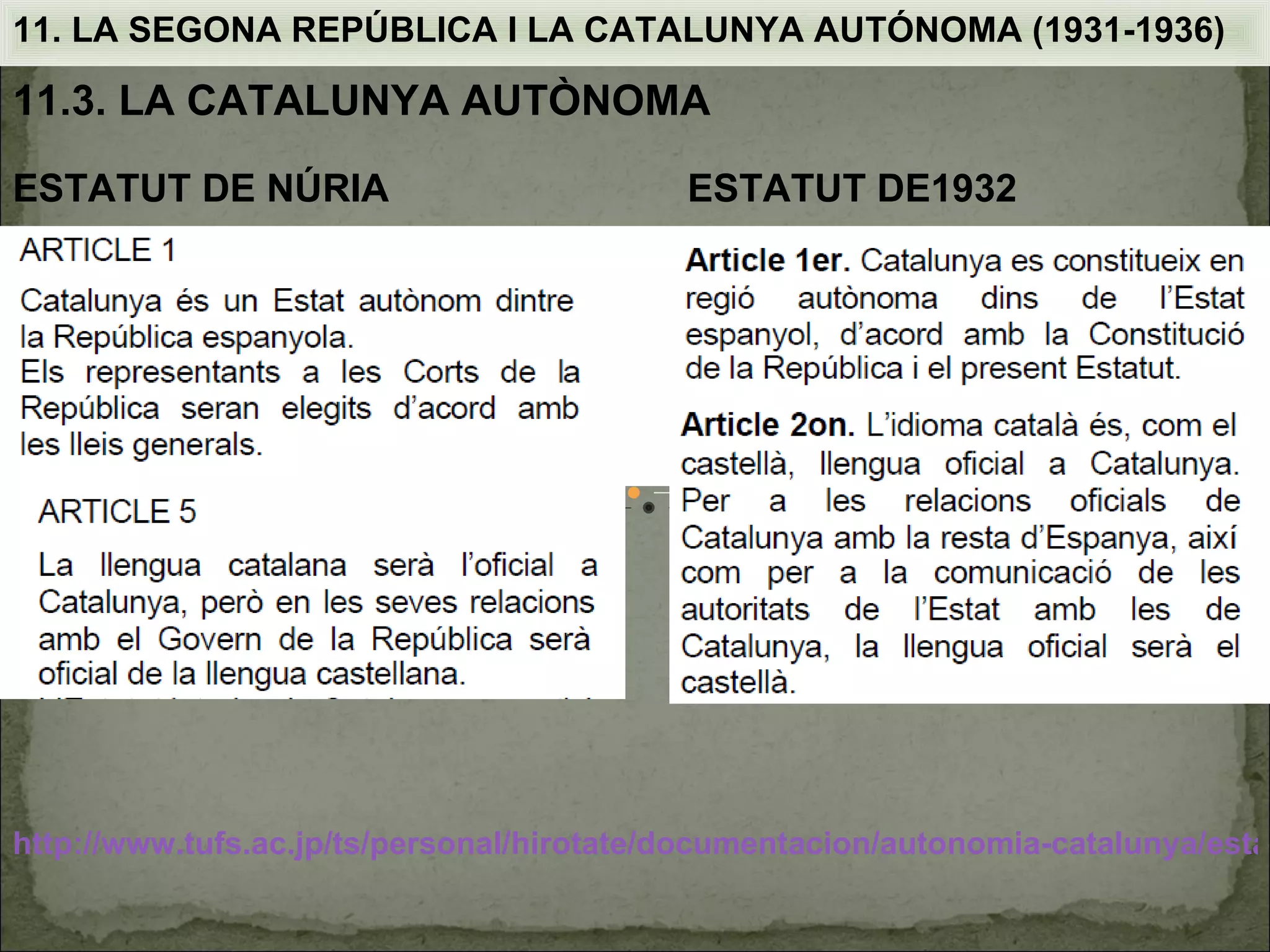 11. LA SEGONA REPÚBLICA I LA CATALUNYA AUTÓNOMA (1931-1936)

11.3. LA CATALUNYA AUTÒNOMA

ESTATUT DE NÚRIA                           ESTATUT DE1932




http://www.tufs.ac.jp/ts/personal/hirotate/documentacion/autonomia-catalunya/estat
 