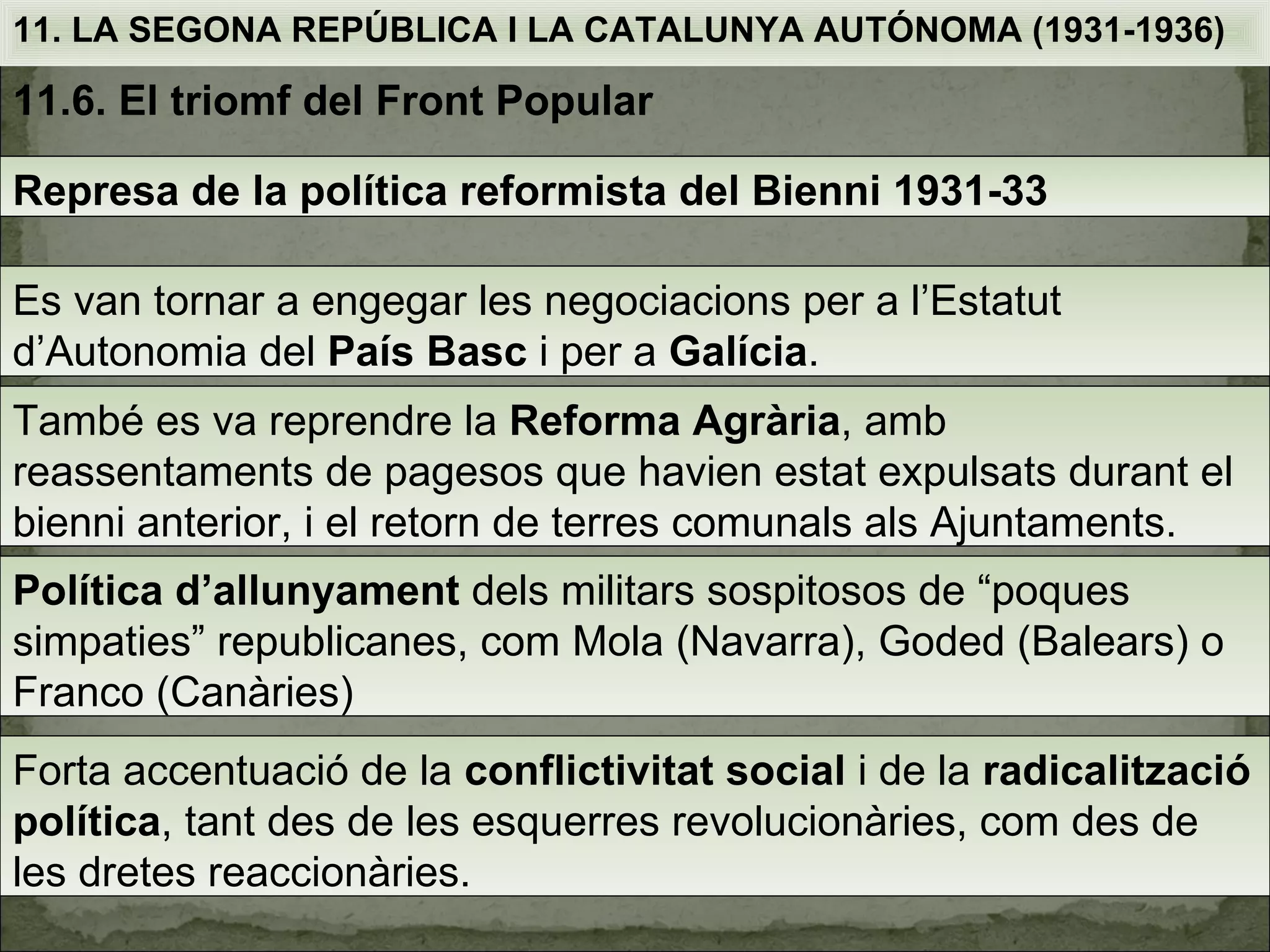 11. LA SEGONA REPÚBLICA I LA CATALUNYA AUTÓNOMA (1931-1936)

11.6. El triomf del Front Popular

Represa de la política reformista del Bienni 1931-33

Es van tornar a engegar les negociacions per a l’Estatut
d’Autonomia del País Basc i per a Galícia.
També es va reprendre la Reforma Agrària, amb
reassentaments de pagesos que havien estat expulsats durant el
bienni anterior, i el retorn de terres comunals als Ajuntaments.
Política d’allunyament dels militars sospitosos de “poques
simpaties” republicanes, com Mola (Navarra), Goded (Balears) o
Franco (Canàries)
Forta accentuació de la conflictivitat social i de la radicalització
política, tant des de les esquerres revolucionàries, com des de
les dretes reaccionàries.
 