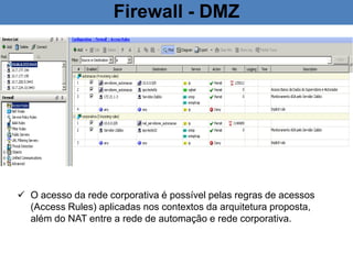  O acesso da rede corporativa é possível pelas regras de acessos
(Access Rules) aplicadas nos contextos da arquitetura proposta,
além do NAT entre a rede de automação e rede corporativa.
Firewall - DMZ
 