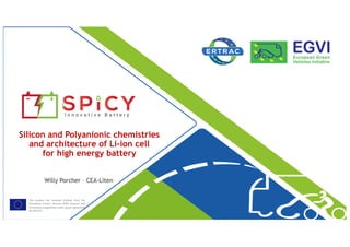 This project has received funding from the
[European Union’s Horizon 2020 research and
innovation programme under grant agreement
No 653373
Silicon and Polyanionic chemistries
and architecture of Li-ion cell
for high energy battery
Willy Porcher – CEA-Liten
 