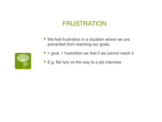 FRUSTRATION

   We feel frustration in a situation where we are
    prevented from reaching our goals.

   > goal, > frustration we feel if we cannot reach it

   E.g. flat tyre on the way to a job interview
 