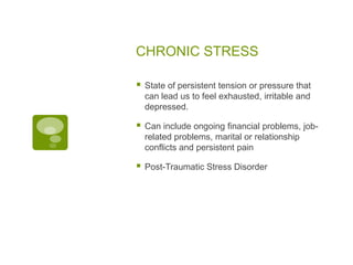 CHRONIC STRESS

   State of persistent tension or pressure that
    can lead us to feel exhausted, irritable and
    depressed.

   Can include ongoing financial problems, job-
    related problems, marital or relationship
    conflicts and persistent pain

   Post-Traumatic Stress Disorder
 