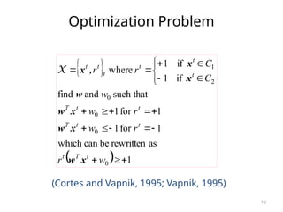 10
Optimization Problem
(Cortes and Vapnik, 1995; Vapnik, 1995)
 
  1
as
rewritten
be
can
which
1
for
1
1
for
1
such that
and
find
if
1
if
1
where
0
0
0
0
2
1






















w
r
r
w
r
w
w
C
C
r
r
t
T
t
t
t
T
t
t
T
t
t
t
t
t
t
x
w
x
w
x
w
w
x
x
,
x
X
 