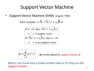 20
Support Vector Machine
• Support Vector Machine (SVM) (Vapnik 1995)
 
  0
1
:
condition
KKT 0 

 w
x
w
r t
T
t
t

 
 
vector
support
not
is
0
then
1
If
vector
support
is
1
then
0
If
0
0
t
t
t
T
t
t
t
T
t
t
x
w
x
w
r
x
w
x
w
r













N
t
t
t
t
x
r
1

w : w is only related to support vectors xt
Most αt
are 0 and only a small number have αt
>0; they are the
support vectors
 