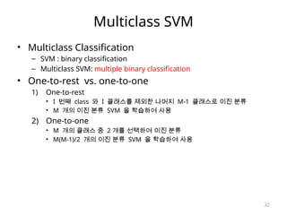 32
Multiclass SVM
• Multiclass Classification
– SVM : binary classification
– Multiclass SVM: multiple binary classification
• One-to-rest vs. one-to-one
1) One-to-rest
• I 번째 class 와 I 클래스를 제외한 나머지 M-1 클래스로 이진 분류
• M 개의 이진 분류 SVM 을 학습하여 사용
2) One-to-one
• M 개의 클래스 중 2 개를 선택하여 이진 분류
• M(M-1)/2 개의 이진 분류 SVM 을 학습하여 사용
 