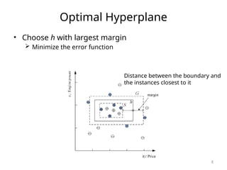 8
Optimal Hyperplane
• Choose h with largest margin
 Minimize the error function
Distance between the boundary and
the instances closest to it
 