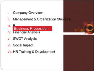 Company Overview Management & Organization Structure  B Financial Analysis SWOT Analysis Social Impact HR Training & Development Business Proposition 