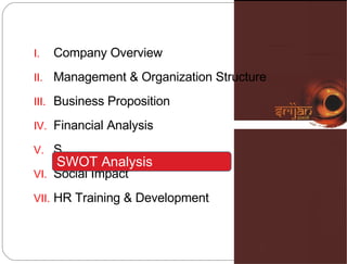 Company Overview Management & Organization Structure  Business Proposition Financial Analysis S Social Impact HR Training & Development SWOT Analysis 
