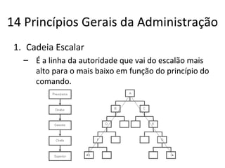 14 Princípios Gerais da Administração
 1. Cadeia Escalar
   – É a linha da autoridade que vai do escalão mais
     alto para o mais baixo em função do princípio do
     comando.
 