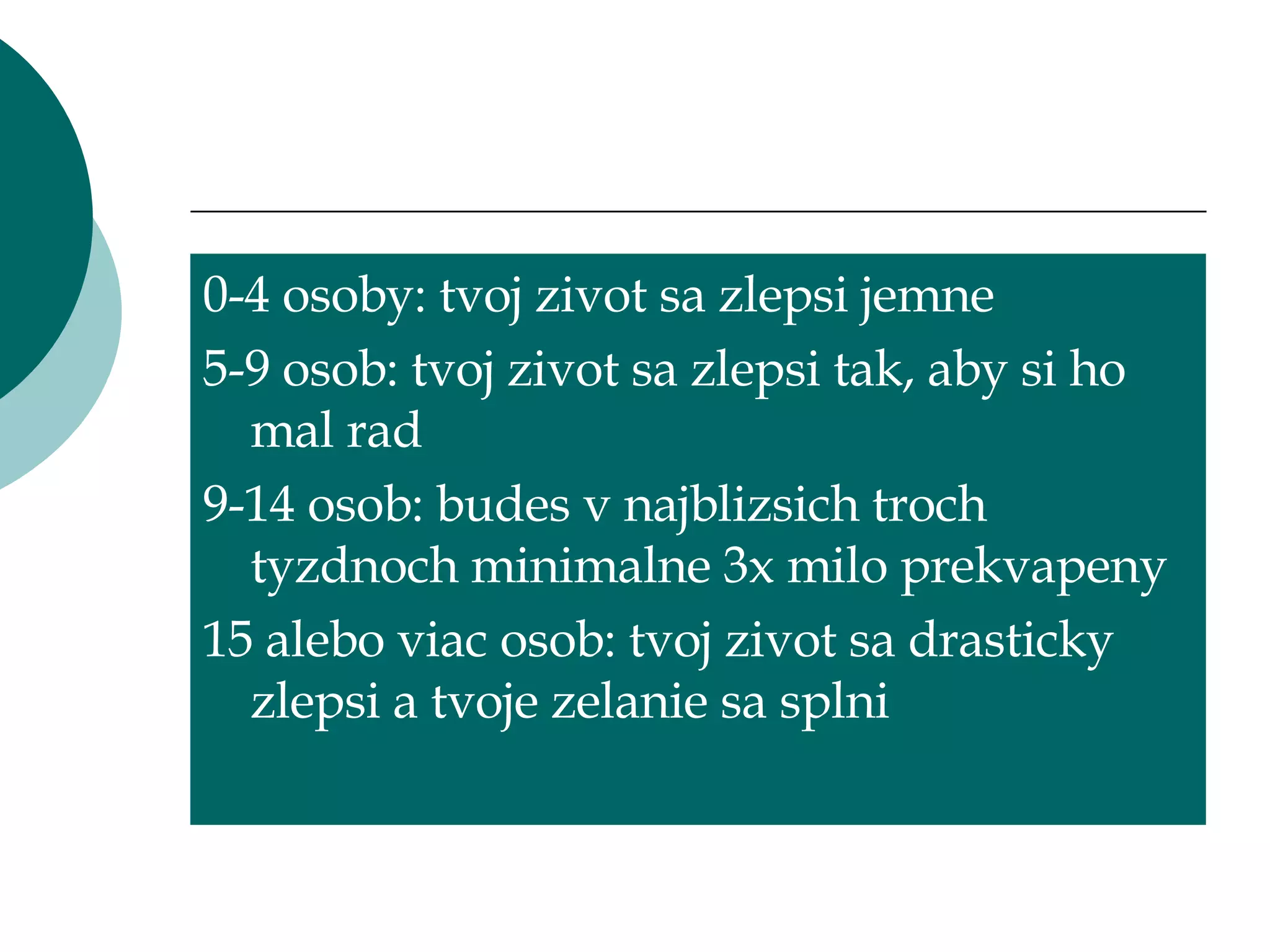 0-4 osoby: tvoj zivot sa zlepsi jemne 5-9 osob: tvoj zivot sa zlepsi tak, aby si ho mal rad 9-14 osob: budes v najblizsich troch tyzdnoch minimalne 3x milo prekvapeny 15 alebo viac osob: tvoj zivot sa drasticky zlepsi a tvoje zelanie sa splni 