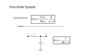 First-Order System
General form:
Problem: Derive the transfer function for the following circuit
1
1
)
(


RCs
s
G
 