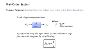 First-Order System
Transient Response: Gradual change of output from initial to the desired condition.
Block diagram representation:
C(s)
R(s)
1

s
K

Where,
K : Gain
 : Time constant
By definition itself, the input to the system should be a step
function which is given by the following:
 