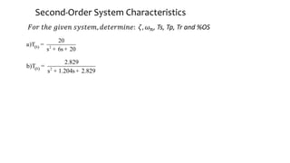 Second-Order System Characteristics
𝐹𝑜𝑟 𝑡ℎ𝑒 𝑔𝑖𝑣𝑒𝑛 𝑠𝑦𝑠𝑡𝑒𝑚, 𝑑𝑒𝑡𝑒𝑟𝑚𝑖𝑛𝑒: 𝜁, 𝜔𝑛, Ts, Tp, Tr and %OS
( )
S 2
20
a)T
s 6s 20
=
+ +
( )
S 2
2.829
b)T
s 1.204s 2.829
=
+ +
 