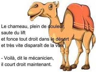 Le chameau, plein de douleur,
saute du lift
et fonce tout droit dans le désert
et très vite disparaît de la vue.
- Voilà, dit le mécanicien,
il court droit maintenant.

 