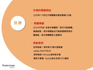 ． 媒體專題
OOH大平台! 從家外媒體到「家外行動媒體」
產業動態－家外媒體結合行動裝置應用現況
機會點－家外媒體轉型之重要性
．亮點案例
全球首創！海尼根3D煙火聖誕樹
adidas #WHYIRUN
深呼吸吧! MiVia心律呼吸手環
運用大數據 Spotify推出全球OOH廣告
目 錄
 