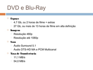 DVD e Blu-Ray


Espaço
 4.7 Gb, ou 2 horas de filme + extras
 27 Gb, ou mais de 13 horas de filme em alta definição



Imagem
 Resolução 480p
 Resolução até 1080p



Som
 Áudio Surround 5.1
 Áudio DTS-HD MA e PCM Multicanal



Taxa de Transferência
 11,1 MB/s
 54,0 MB/s

 