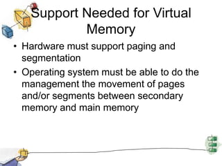 Support Needed for Virtual
Memory
• Hardware must support paging and
segmentation
• Operating system must be able to do the
management the movement of pages
and/or segments between secondary
memory and main memory
 