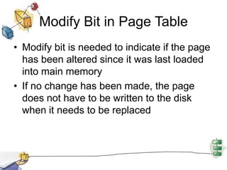 Modify Bit in Page Table
• Modify bit is needed to indicate if the page
has been altered since it was last loaded
into main memory
• If no change has been made, the page
does not have to be written to the disk
when it needs to be replaced
 