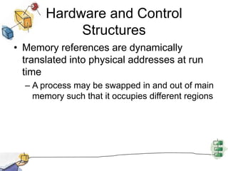Hardware and Control
Structures
• Memory references are dynamically
translated into physical addresses at run
time
– A process may be swapped in and out of main
memory such that it occupies different regions
 