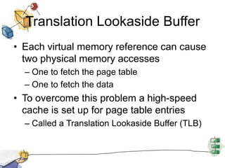 Translation Lookaside Buffer
• Each virtual memory reference can cause
two physical memory accesses
– One to fetch the page table
– One to fetch the data
• To overcome this problem a high-speed
cache is set up for page table entries
– Called a Translation Lookaside Buffer (TLB)
 