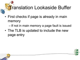 Translation Lookaside Buffer
• First checks if page is already in main
memory
– If not in main memory a page fault is issued
• The TLB is updated to include the new
page entry
 