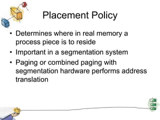 Placement Policy
• Determines where in real memory a
process piece is to reside
• Important in a segmentation system
• Paging or combined paging with
segmentation hardware performs address
translation
 