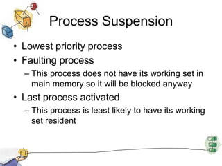 Process Suspension
• Lowest priority process
• Faulting process
– This process does not have its working set in
main memory so it will be blocked anyway
• Last process activated
– This process is least likely to have its working
set resident
 
