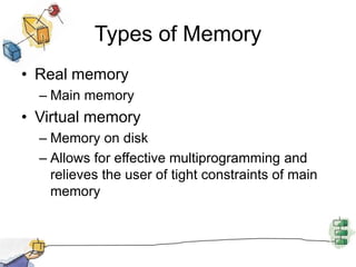 Types of Memory
• Real memory
– Main memory
• Virtual memory
– Memory on disk
– Allows for effective multiprogramming and
relieves the user of tight constraints of main
memory
 