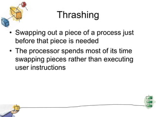 Thrashing
• Swapping out a piece of a process just
before that piece is needed
• The processor spends most of its time
swapping pieces rather than executing
user instructions
 
