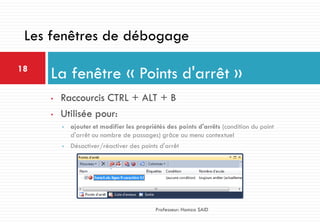 • Raccourcis CTRL + ALT + B
• Utilisée pour:
• ajouter et modifier les propriétés des points d'arrêts (condition du point
d'arrêt ou nombre de passages) grâce au menu contextuel
• Désactiver/réactiver des points d'arrêt
La fenêtre « Points d'arrêt »18
Professeur: Hamza SAID
Les fenêtres de débogage
 
