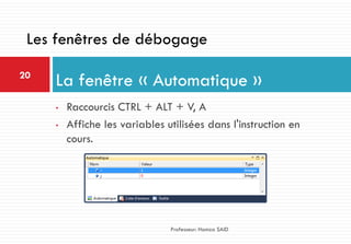 • Raccourcis CTRL + ALT + V, A
• Affiche les variables utilisées dans l'instruction en
cours.
La fenêtre « Automatique »20
Professeur: Hamza SAID
Les fenêtres de débogage
 