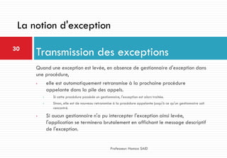 Quand une exception est levée, en absence de gestionnaire d'exception dans
une procédure,
• elle est automatiquement retransmise à la prochaine procédure
appelante dans la pile des appels.
• Si cette procédure possède un gestionnaire, l'exception est alors traitée.
• Sinon, elle est de nouveau retransmise à la procédure appelante jusqu'à ce qu'un gestionnaire soit
rencontré.
• Si aucun gestionnaire n'a pu intercepter l'exception ainsi levée,
l'application se terminera brutalement en affichant le message descriptif
de l'exception.
Transmission des exceptions30
Professeur: Hamza SAID
La notion d'exception
 