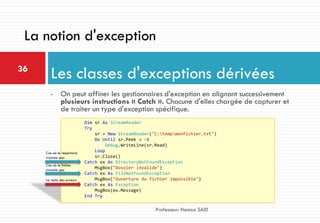 • On peut affiner les gestionnaires d'exception en alignant successivement
plusieurs instructions « Catch ». Chacune d'elles chargée de capturer et
de traiter un type d'exception spécifique.
Les classes d'exceptions dérivées36
La notion d'exception
Dim sr As StreamReader
Try
sr = New StreamReader("C:tempmonfichier.txt")
Do Until sr.Peek = -1
Debug.WriteLine(sr.Read)
Loop
sr.Close()
Catch ex As DirectoryNotFoundException
MsgBox("Dossier invalide")
Catch ex As FileNotFoundException
MsgBox("Ouverture du fichier impossible")
Catch ex As Exception
MsgBox(ex.Message)
End Try
Professeur: Hamza SAID
Cas où le répertoire
n’existe pas
Cas où le fichier
n’existe pas
Le reste des erreurs
 