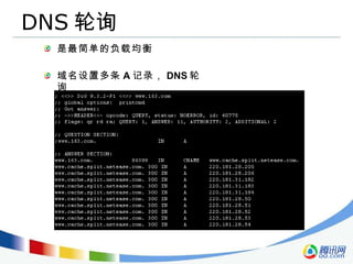 DNS 轮询 是最简单的负载均衡 域名设置多条 A 记录， DNS 轮询 