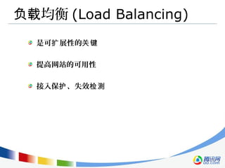 均衡负载 (Load Balancing)
是可 展性的扩 关键
提高网站的可用性
接入保 、失效护 检测
 