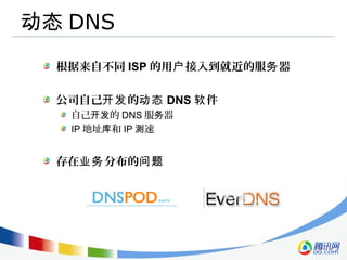 动态 DNS
根据来自不同 ISP 的用 接入到就近的服 器户 务
公司自己 的开发 动态 DNS 件软
自己 的开发 DNS 服 器务
IP 地址 和库 IP 速测
存在 分布的业务 问题
 