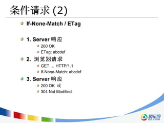 条件 求请 (2)
If-None-Match / ETag
1. Server 响应
200 OK
ETag: abcdef
2. 器 求浏览 请
GET … HTTP/1.1
If-None-Match: abcdef
3. Server 响应
200 OK 或
304 Not Modified
 