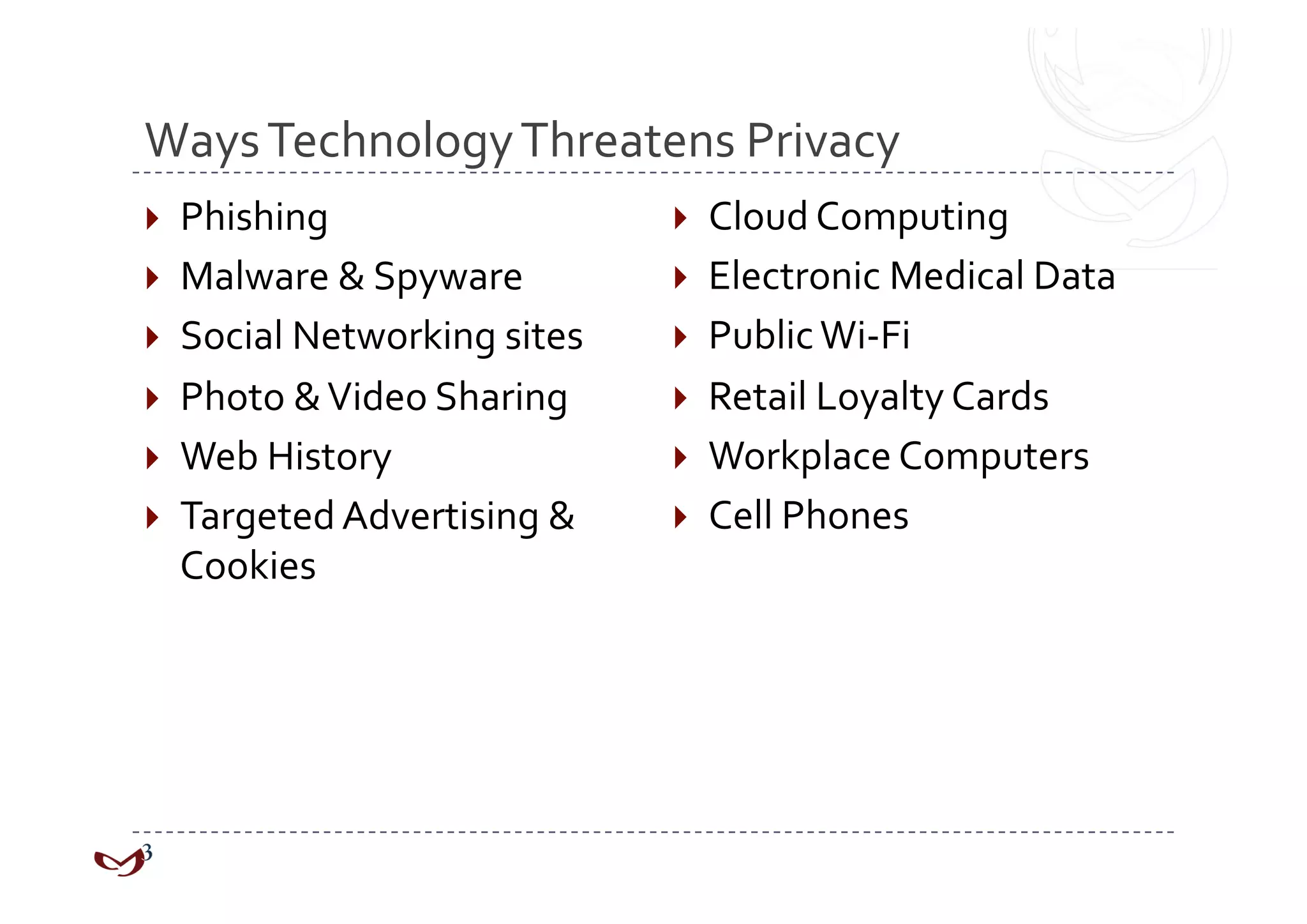 Ways Technology Threatens Privacy 
  Phishing                     Cloud Computing 
  Malware & Spyware            Electronic Medical Data 
  Social Networking sites      Public Wi‐Fi 
  Photo & Video Sharing        Retail Loyalty Cards 
  Web History                  Workplace Computers 
  Targeted Advertising &       Cell Phones 
  Cookies 
 